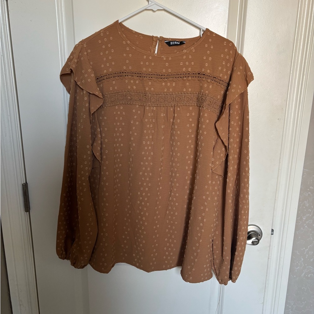 Women's Mustard Blouse with Embroidery and Ruffle Accents
